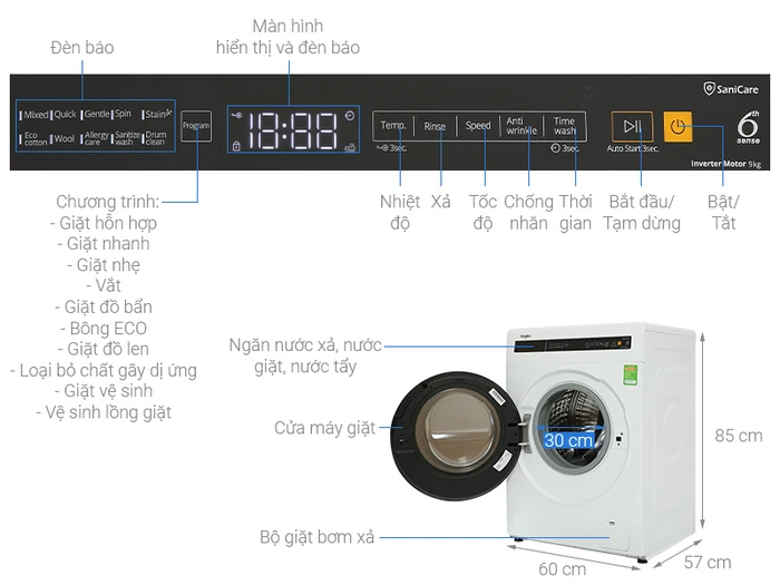 Máy Giặt Whirlpool FreshCare Inverter 9 Kg FWEB9002FW